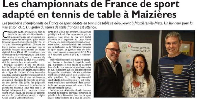 Le Républicain Lorrain présente les championnats de France des Régions de tennis de table de Sport Adapté