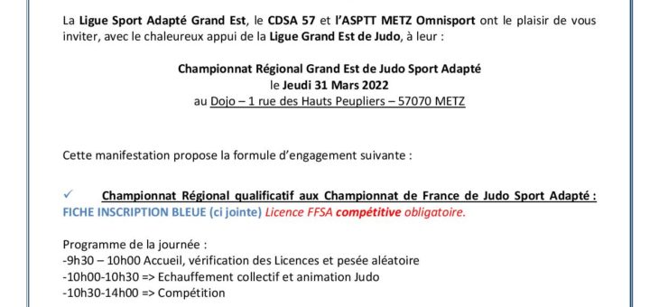 Championnat régional Grand Est Judo Sport Adapté le 31 mars à Metz